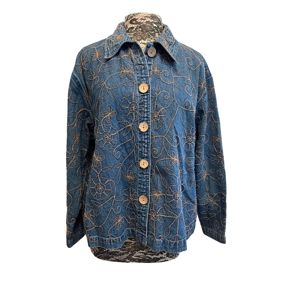 Vintage 90s Embroidered Denim Jacket L 100% Cotton Floral Western‎ Granny Artsy